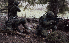 Týmová souhra v terénu. Zatímco část vojáků zajišťuje prostor, psovod pracuje se služebním psem a připravuje jej na další činnost. Foto 71. mpr.